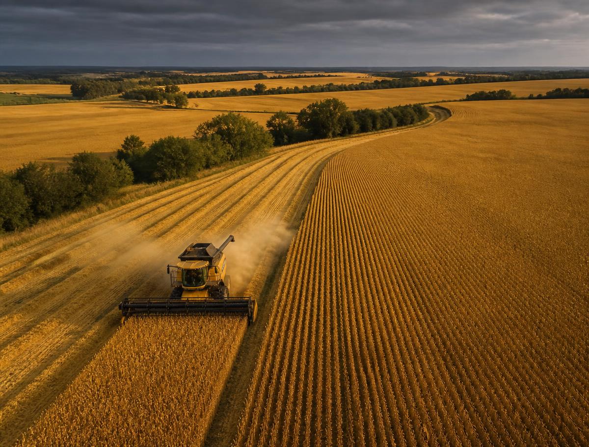 Aerial view of a grain field harvest