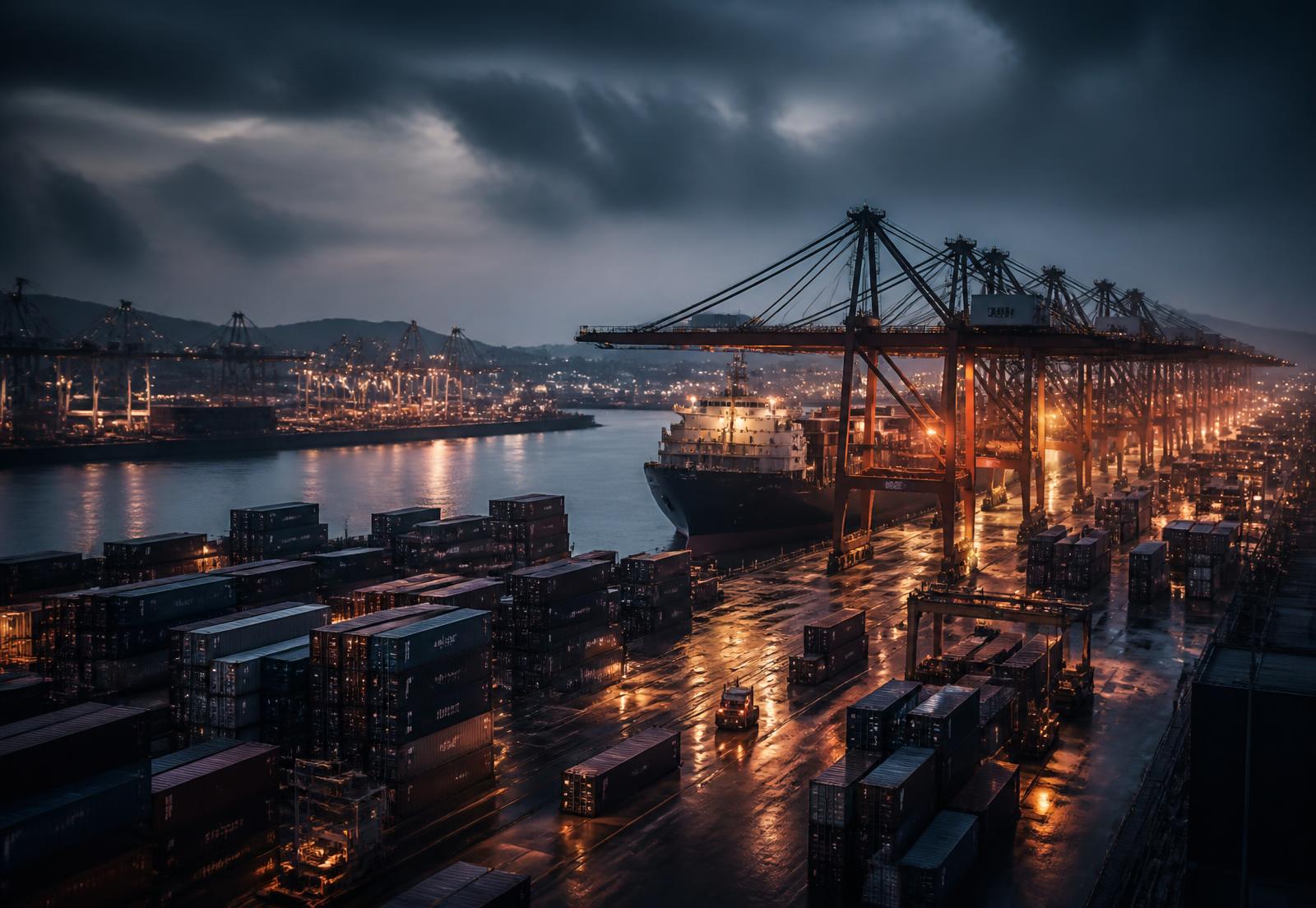 Container port terminal at dusk